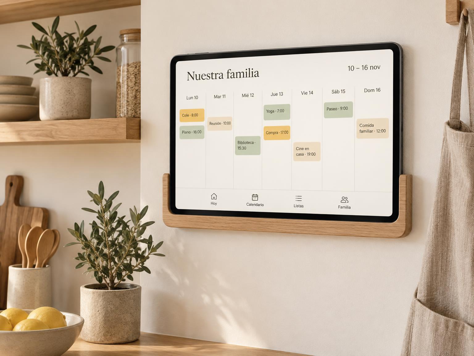 Tablet con el calendario familiar en la pared de una cocina cálida